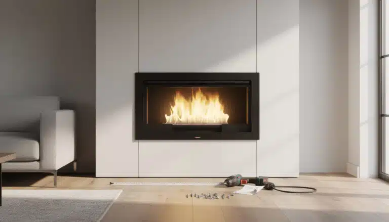 Insert de cheminée gaz avec flammes réalistes installé dans un mur blanc moderne, exemple de pose professionnelle