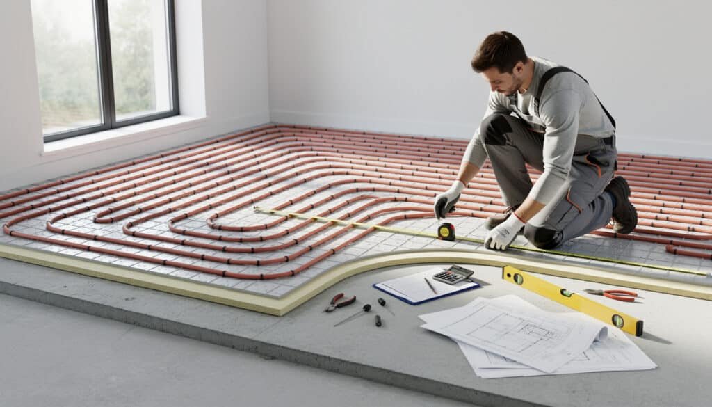 Technicien posant tubes chauffants plancher chauffant hydraulique avec plan de calcul et outils de mesure