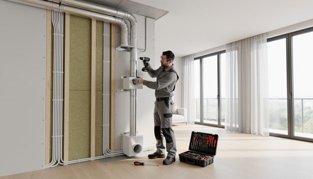 Technicien installant une VMC dans un appartement, raccordement des gaines et caisson de ventilation