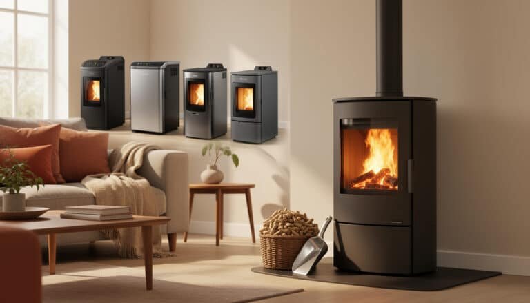Comparaison de poêles à granulés sans électricité et modèle ventilé avec flamme active dans un salon chaleureux