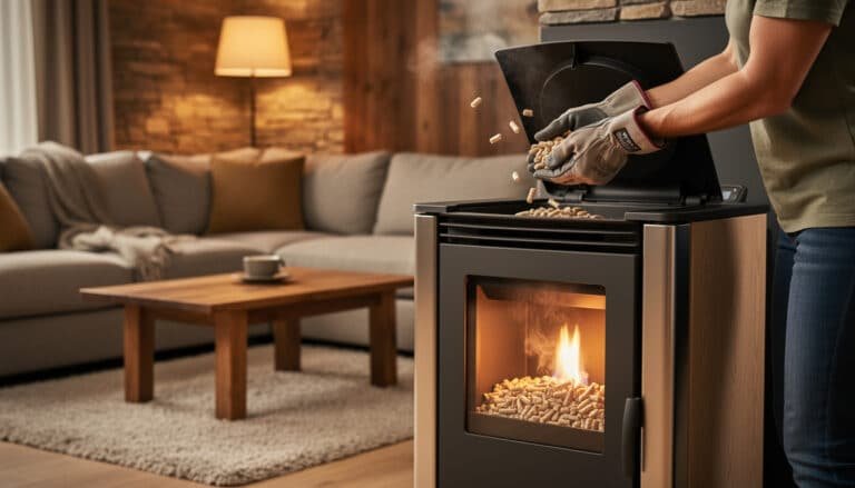 Recharge de trémie poêle à granulés en marche avec gants de protection, granulés en suspension