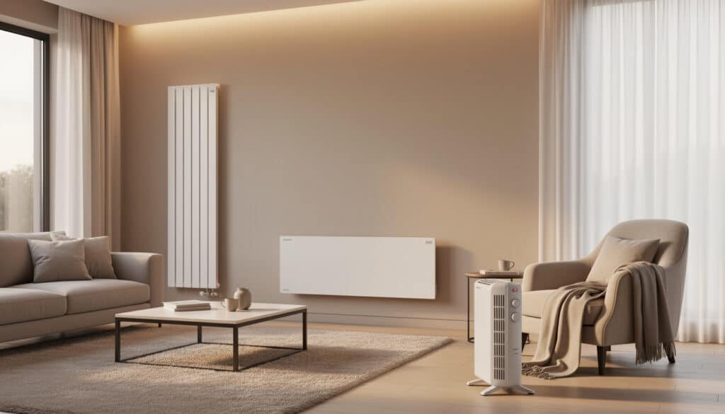 Salon moderne avec radiateur électrique Acova blanc à inertie, canapé beige et fauteuil pour démontrer le confort thermique