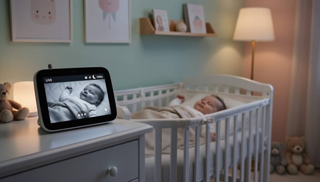 Visiophone bébé avec écran tactile affichant la vision nocturne d'un nourrisson endormi dans son lit à barreaux
