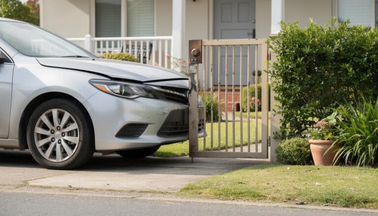Voiture blanche ayant percuté un portail métallique gris dans une allée résidentielle
