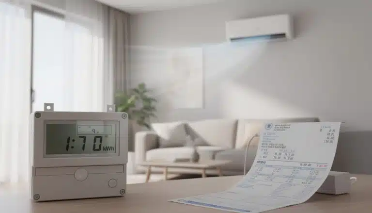 Compteur électrique affichant 1,70 kWh et facture d'électricité pour évaluer la consommation d'une climatisation réversible