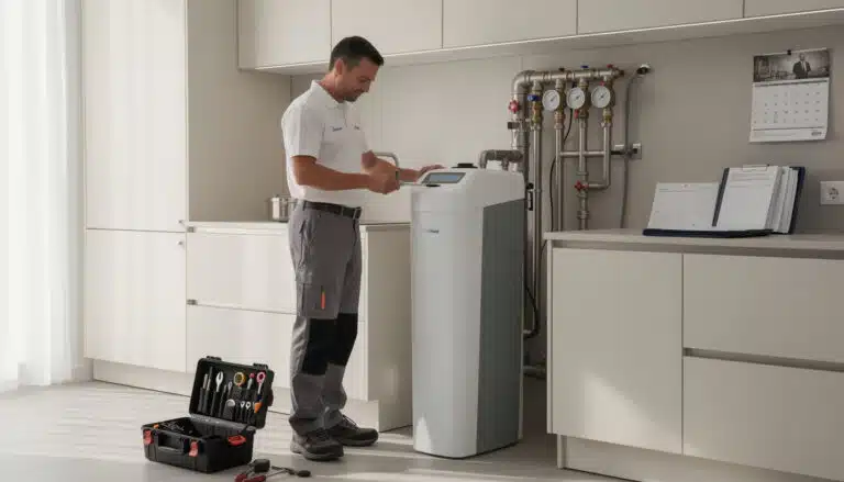 Technicien installant un adoucisseur d'eau blanc en cuisine avec outils et documentation