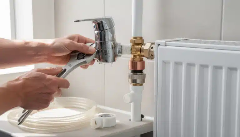 Remplacement robinet radiateur avec clé à molette, bassine et raccords de chauffage visible