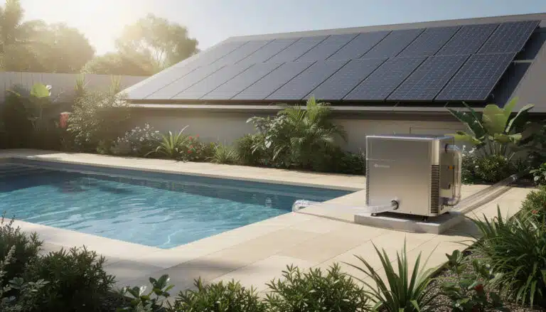 Pompe à chaleur pour piscine installée au bord d'un bassin avec panneaux solaires sur le toit