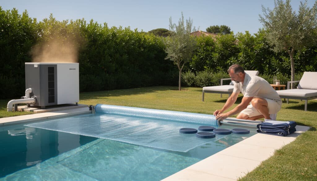 Homme installant une bâche à bulles sur une piscine avec pompe à chaleur en arrière-plan dans un jardin