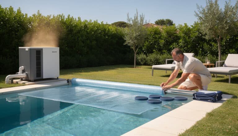 Homme installant une bâche à bulles sur une piscine avec pompe à chaleur en arrière-plan dans un jardin