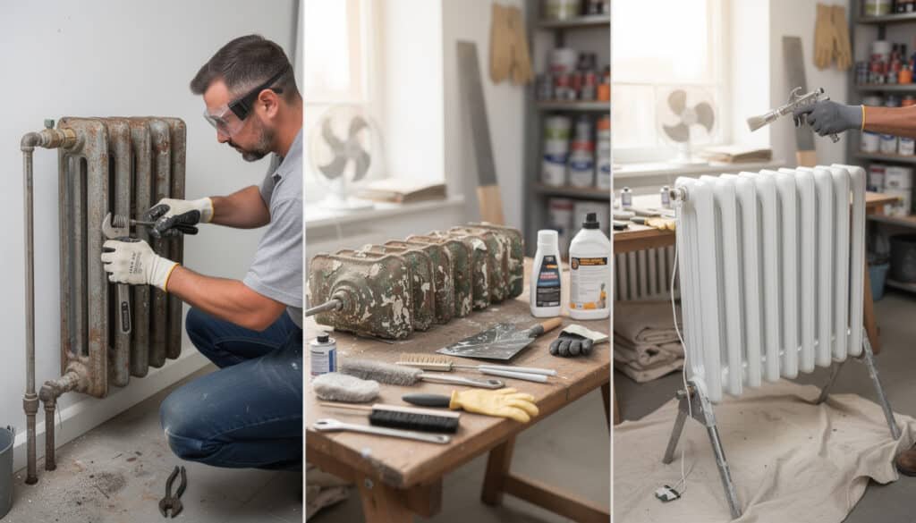 Professionnel décapant et repeignant un radiateur en fonte avec outils spécialisés et peinture antirouille