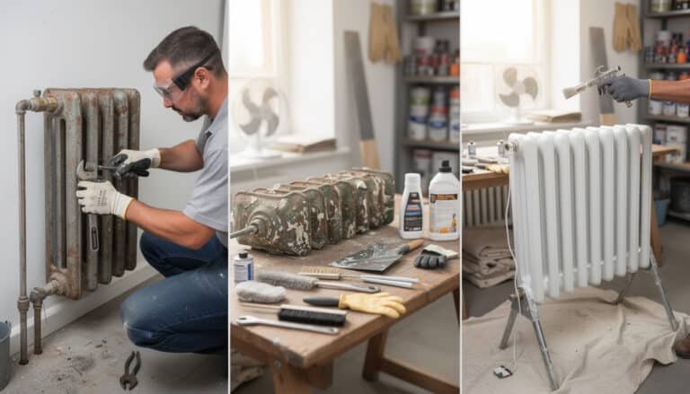 Professionnel décapant et repeignant un radiateur en fonte avec outils spécialisés et peinture antirouille