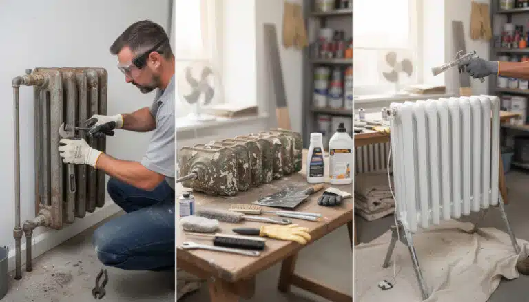 Professionnel décapant et repeignant un radiateur en fonte avec outils spécialisés et peinture antirouille