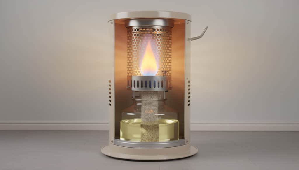 Poêle à pétrole sans conduit avec flamme visible, réservoir et système de combustion fonctionnant