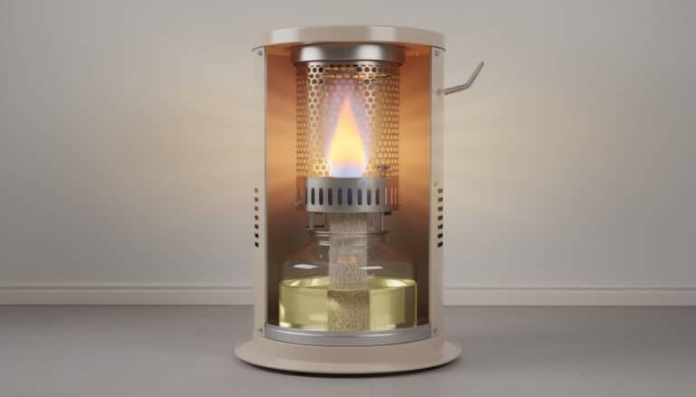 Poêle à pétrole sans conduit avec flamme visible, réservoir et système de combustion fonctionnant