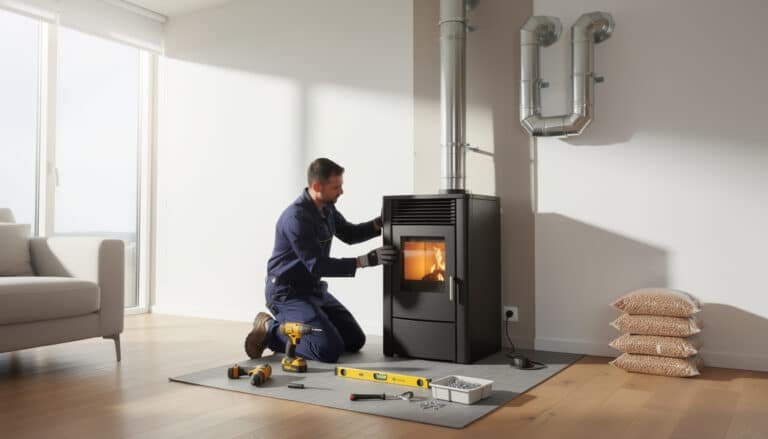 Installateur en bleu positionne un poêle à granulés noir dans un salon, avec conduits d'évacuation visibles au mur