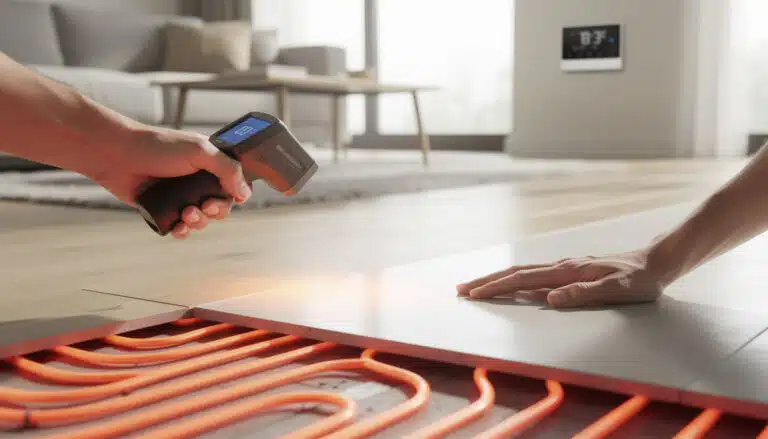 Technicien testant un plancher chauffant électrique avec thermomètre infrarouge, tubes chauffants orange visibles