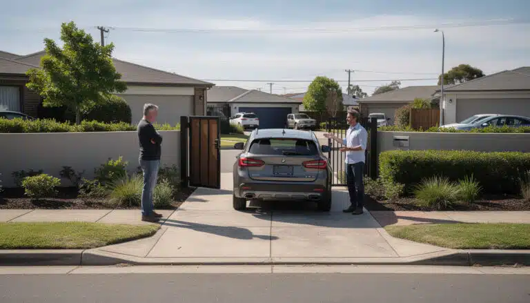 Deux voisins discutent devant un portail fermé avec portillon, illustrant un droit de passage et les règles de stationnement