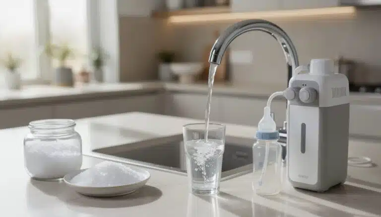 Adoucisseur d'eau domestique versant de l'eau dans un verre avec sel et minéraux sur le plan de travail