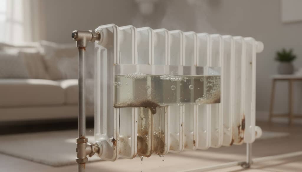 Radiateur fonte blanc avec air emprisonné et eau stagnante visible, illustrant les problèmes de circulation