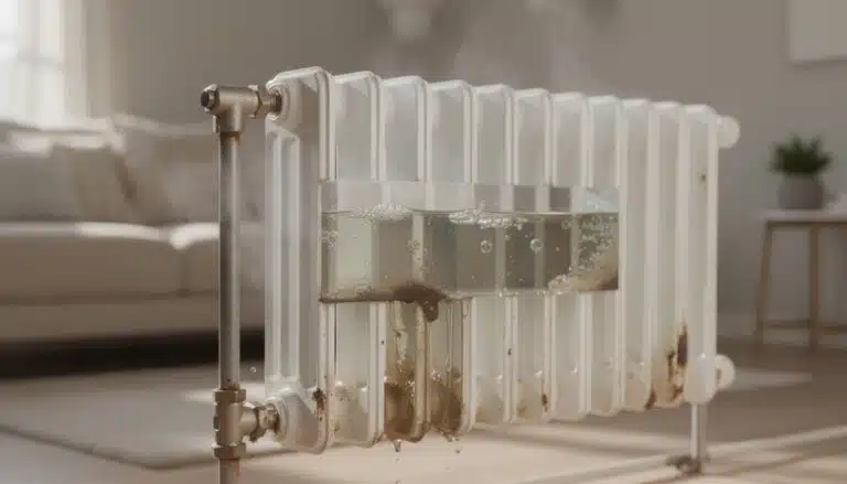 Radiateur fonte blanc avec air emprisonné et eau stagnante visible, illustrant les problèmes de circulation