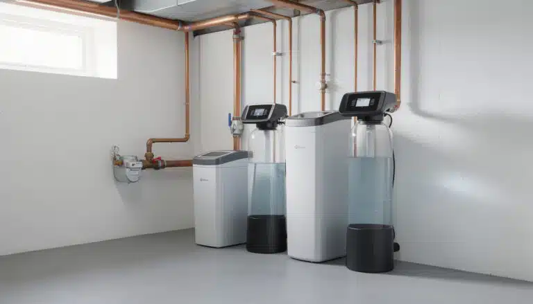 Trois adoucisseurs d'eau avec réservoirs de résine et vannes numériques, installation complète avec tuyauterie en cuivre