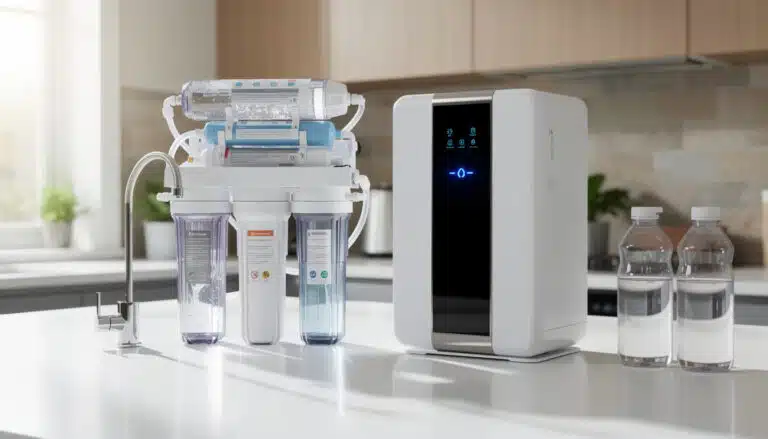 Osmoseur domestique flux direct Frizzlife PD600-TAM3 avec réservoir d'eau filtrée et bouteilles en verre sur plan de travail cuisine