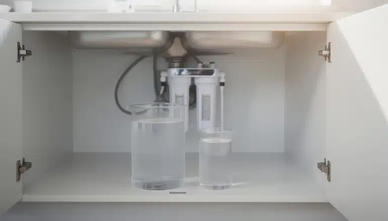 Osmoseur sous évier avec réservoir et deux verres d'eau filtrée montrant le système de filtration domestique
