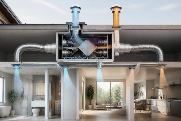 Système de VMC double flux avec échangeur thermique intégré dans une maison moderne, montrant les conduits d'air frais et vicié