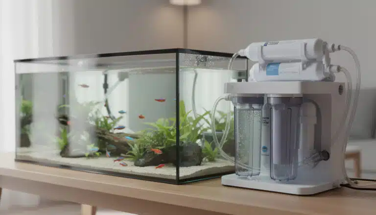 Osmoseur branché à un aquarium planté avec poissons, montrant le système de filtration et les tuyaux de raccordement