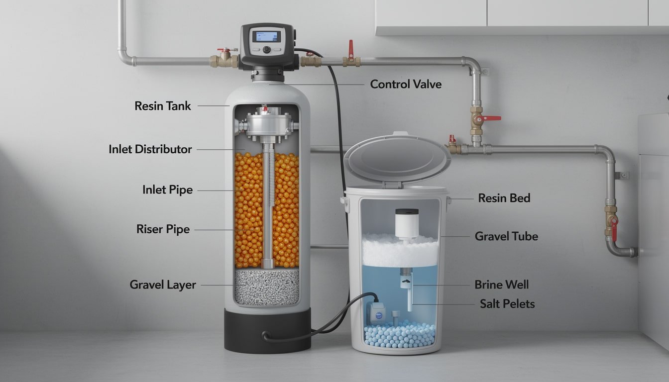 découvrez le fonctionnement d'un adoucisseur d'eau au sel et à la résine, ses avantages et son rôle pour protéger votre maison du calcaire.