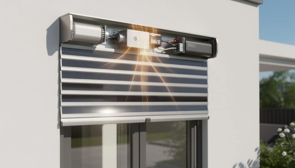 Volet roulant solaire installé sur fenêtre avec panneau photovoltaïque intégré et moteur visible