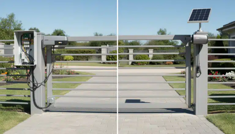 Portail coulissant motorisé avec moteur solaire et panneau photovoltaïque intégré en haut du pilier droit