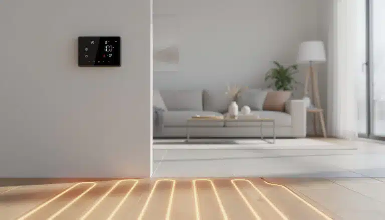 Thermostat digital noir affichant 20°C sur mur gris, plancher chauffant visible en premier plan