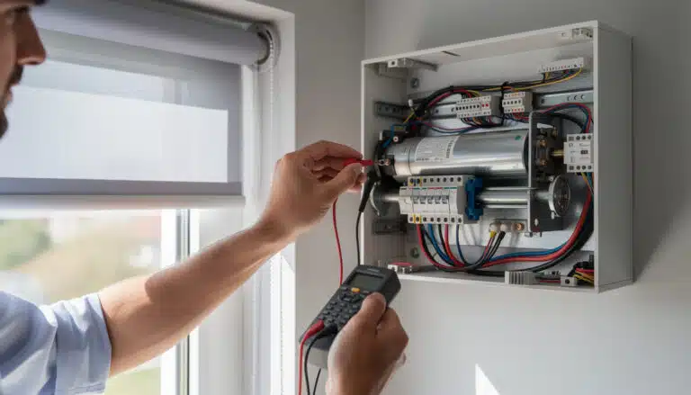 Technicien testant le moteur et la fin de course d'un volet roulant avec un multimètre sur le panneau de commande électronique