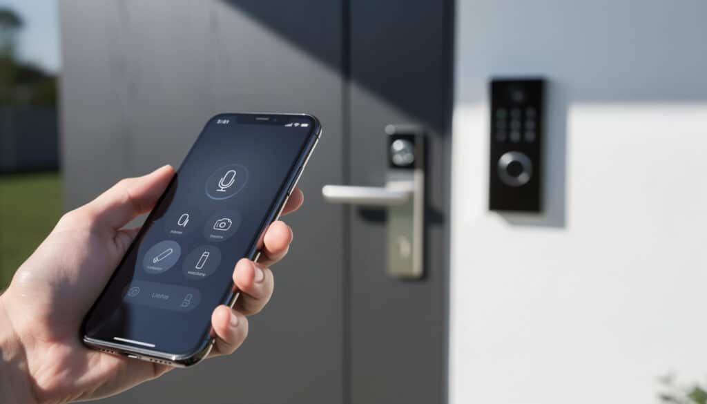 Smartphone affichant l'application de contrôle domotique avec icônes de déverrouillage, serrure et interphone connectés