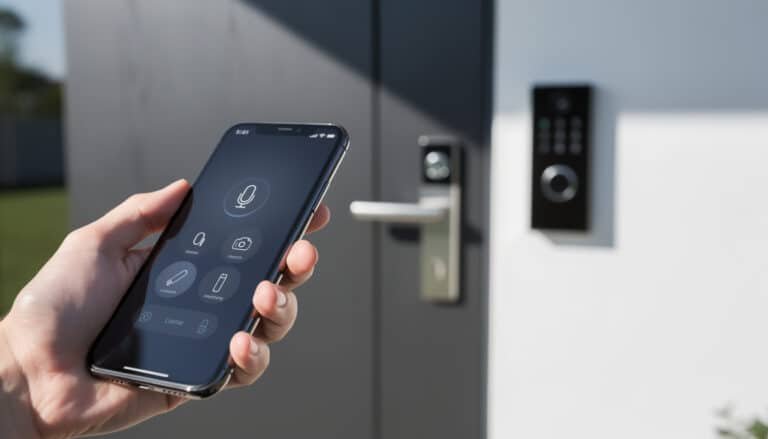 Smartphone affichant l'application de contrôle domotique avec icônes de déverrouillage, serrure et interphone connectés