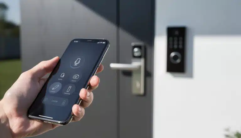 Smartphone affichant l'application de contrôle domotique avec icônes de déverrouillage, serrure et interphone connectés