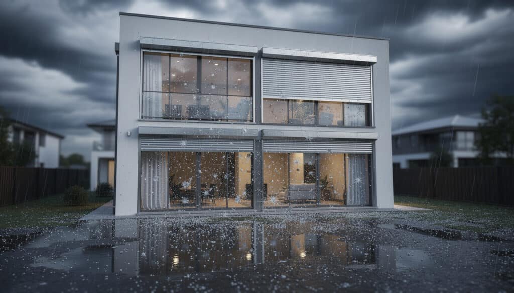 Maison moderne sous la pluie avec volets roulants fermés protégeant les fenêtres lors d'un orage de grêle