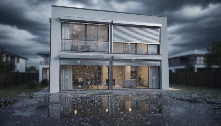 Maison moderne sous la pluie avec volets roulants fermés protégeant les fenêtres lors d'un orage de grêle
