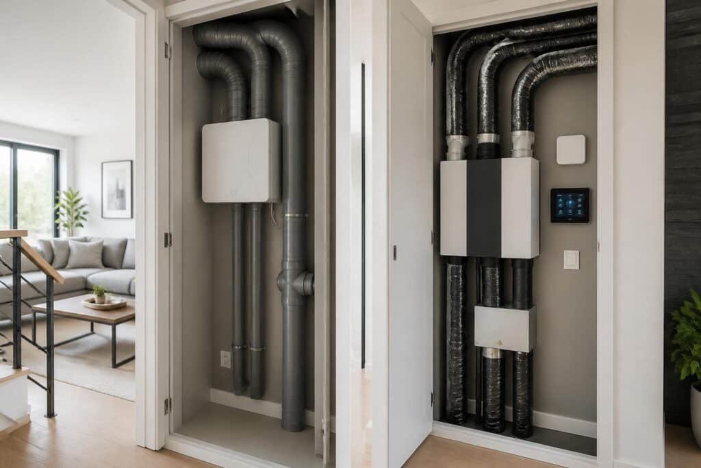 Installation VMC hygroréglable en rénovation avec gaines isolées et boîtier de commande numérique