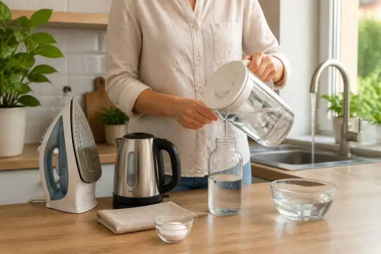 Femme versant de l'eau distillée maison dans un verre pour démontrer la méthode de distillation sans osmoseur