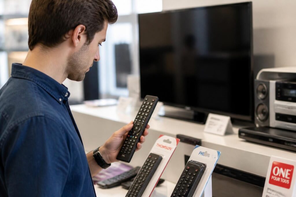Homme comparant des télécommandes devant des équipements TV