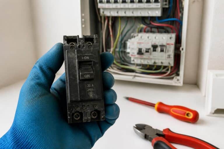 Main gantée tenant un disjoncteur noir devant un tableau électrique ouvert