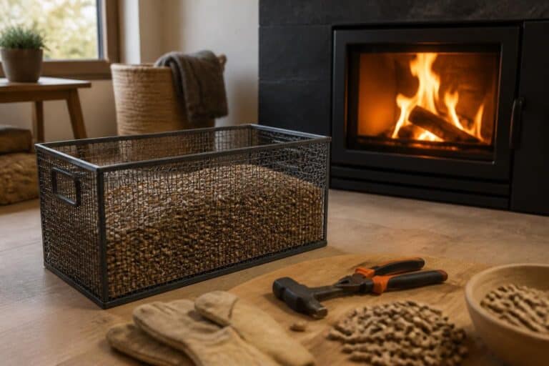 Panier métallique rempli de pellets devant un insert allumé, avec outils et gants