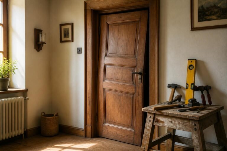 Porte en bois avec niveau et outils de réparation sur un établi