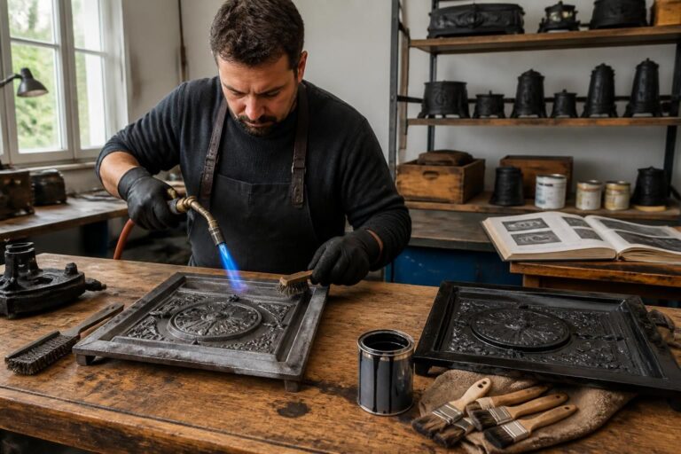 Artisan chauffant une plaque de fonte au chalumeau dans un atelier