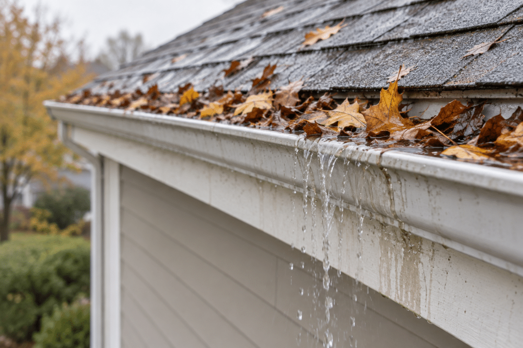Gouttière blanche remplie de feuilles d'automne, l'eau déborde sur le bardage de la maison