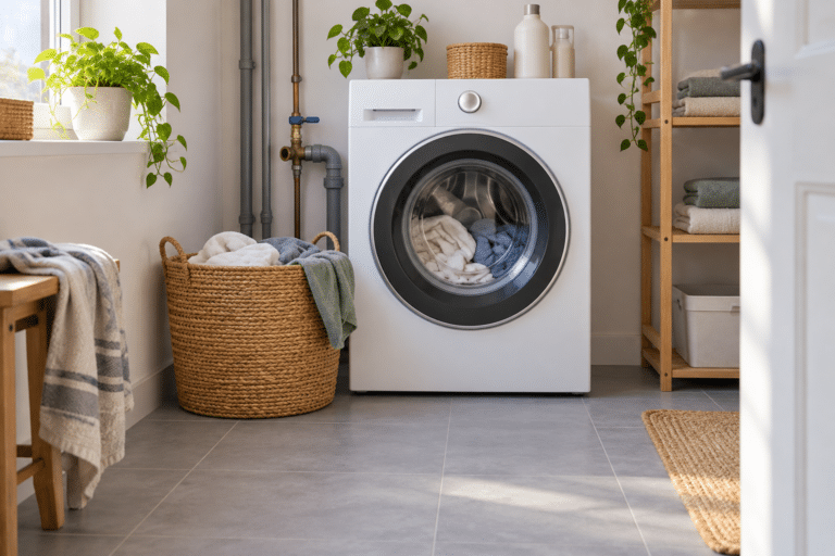 Buanderie lumineuse, lave-linge blanc ouvert et panier en osier