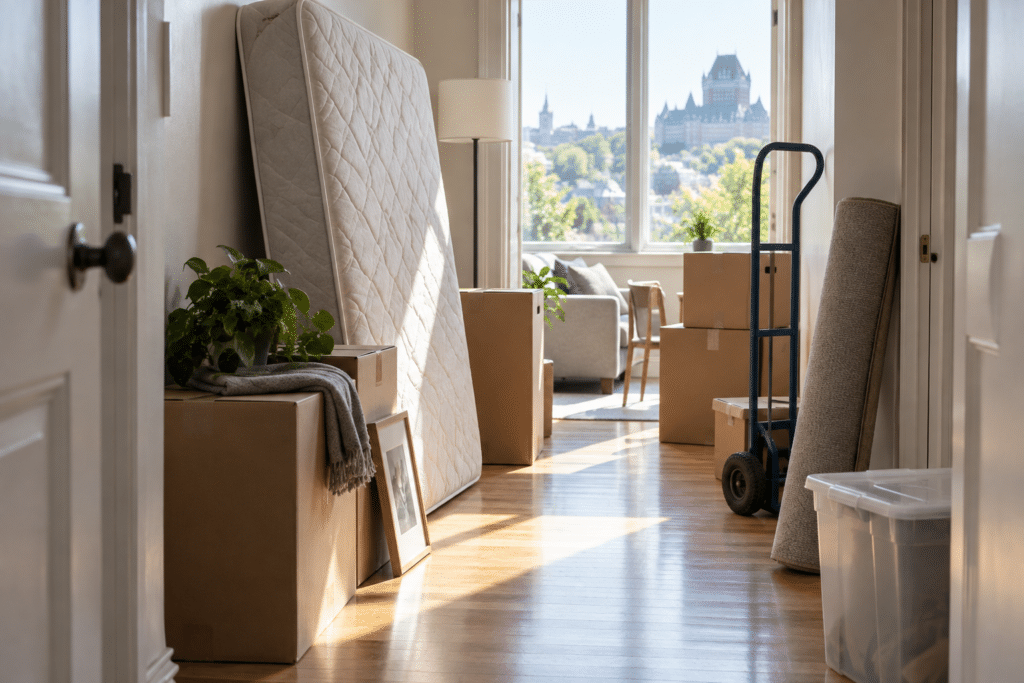 Couloir ensoleillé d’appartement en déménagement, matelas debout et cartons